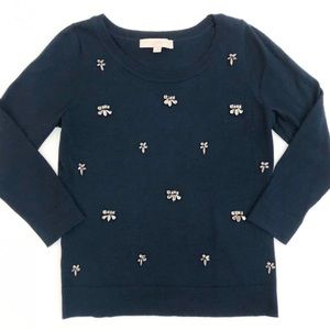 LOFT Navy Jeweled 3/4 Sleeves Crewneck Sweater